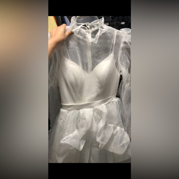 Short Tulle A-Line Wedding dress Long Puff Sleeves High Neck - Picture 5 of 8